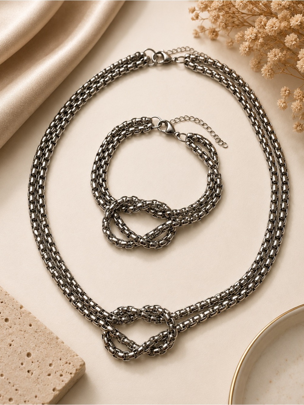 Stainless Steel Knot Chain Necklace & Bracelet Set